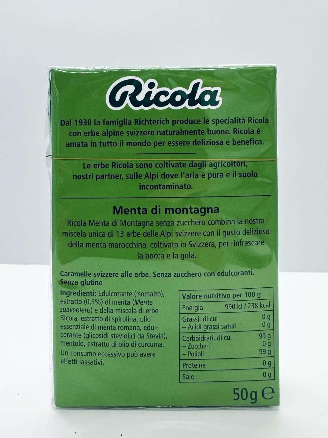 Italian Gourmet Schweizer Kräuterbonbons Bergminze ohne Zucker – 20x50g Vorratspack – Alpenkräuter Bonbons mit Minze, erfrischend für Hals & Atem, Großpackung + Italian Gourmet polpa