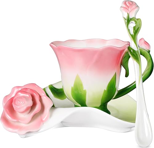 Dandat Juego de tazas y platillos de cerámica con cuchara, taza y salsa en forma de flor de rosa, tazas de té, tazas de flores, regalos de San
