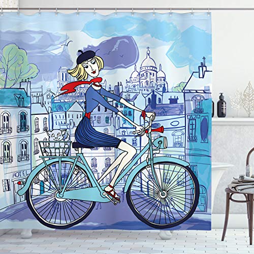 ABAKUHAUS Paris Shower Curtain, Young Woman French Hat and Funny Cat on Bicycle in French Street Watercolor