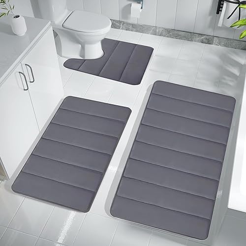 Juego de tapetes de baño de espuma viscoelástica de 3 piezas, ultra suaves, antideslizantes y absorbentes, juego de alfombrillas de inodoro,