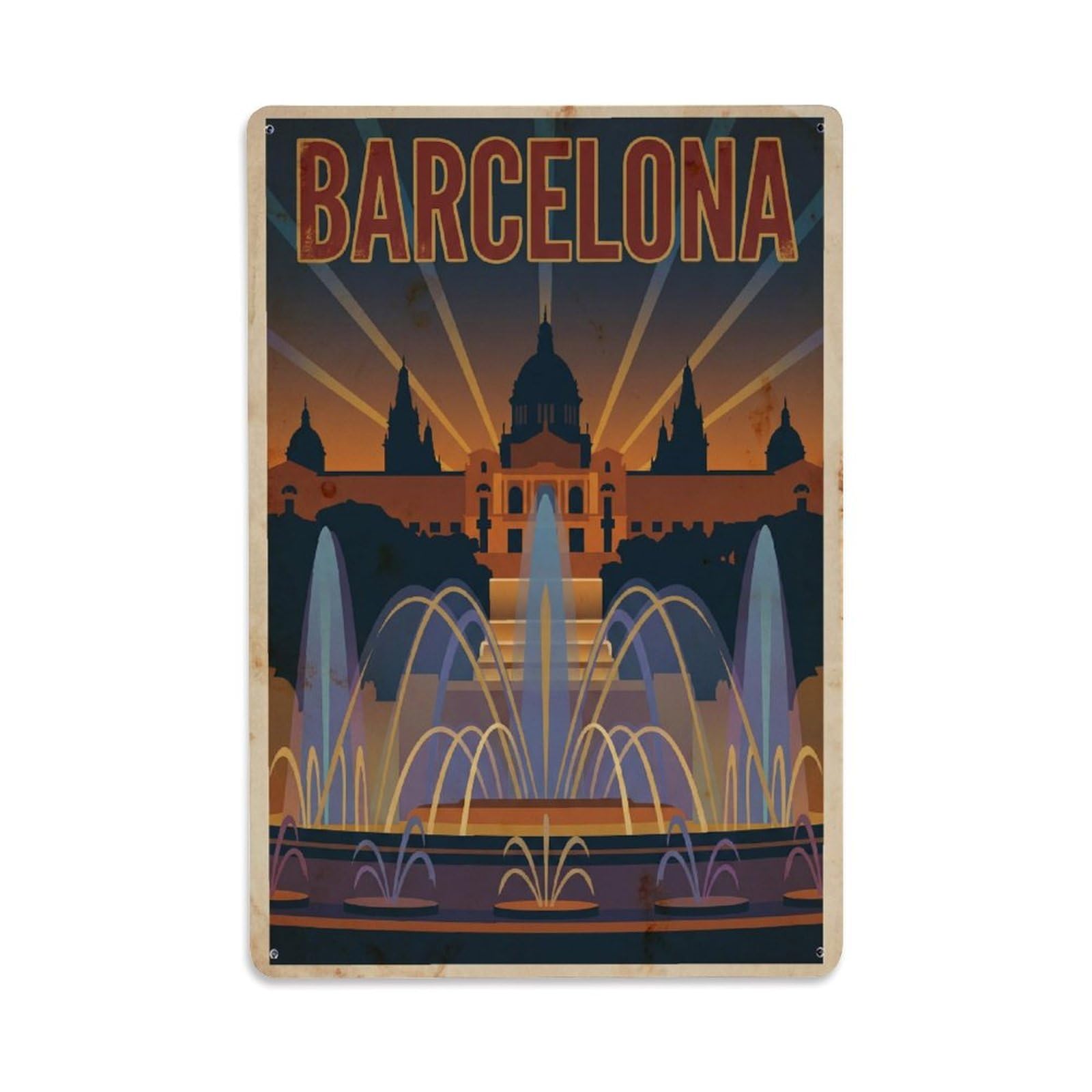 Okngb Style Fountain Plaza Landmark Barcelona Retro Spanish Tourism Metal Tin Sign Plaque Wall Decor For Cafe, Man Cave, Club Bar, Office, Home Garden Round Metal Poster 8X12inch
