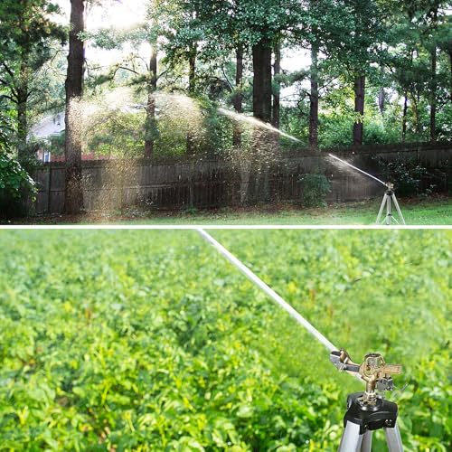 YAMATIC Tripod Impact Sprinkler for Yard Large Area, Heavy Duty Metal Lawn and Garden Sprinkler, 18"-36" Adjustable Height, 20°-360° Rotation Control, 3/4" Brass Quick Connect for Garden Hose, 1 Pack by YAMATIC - Image 2