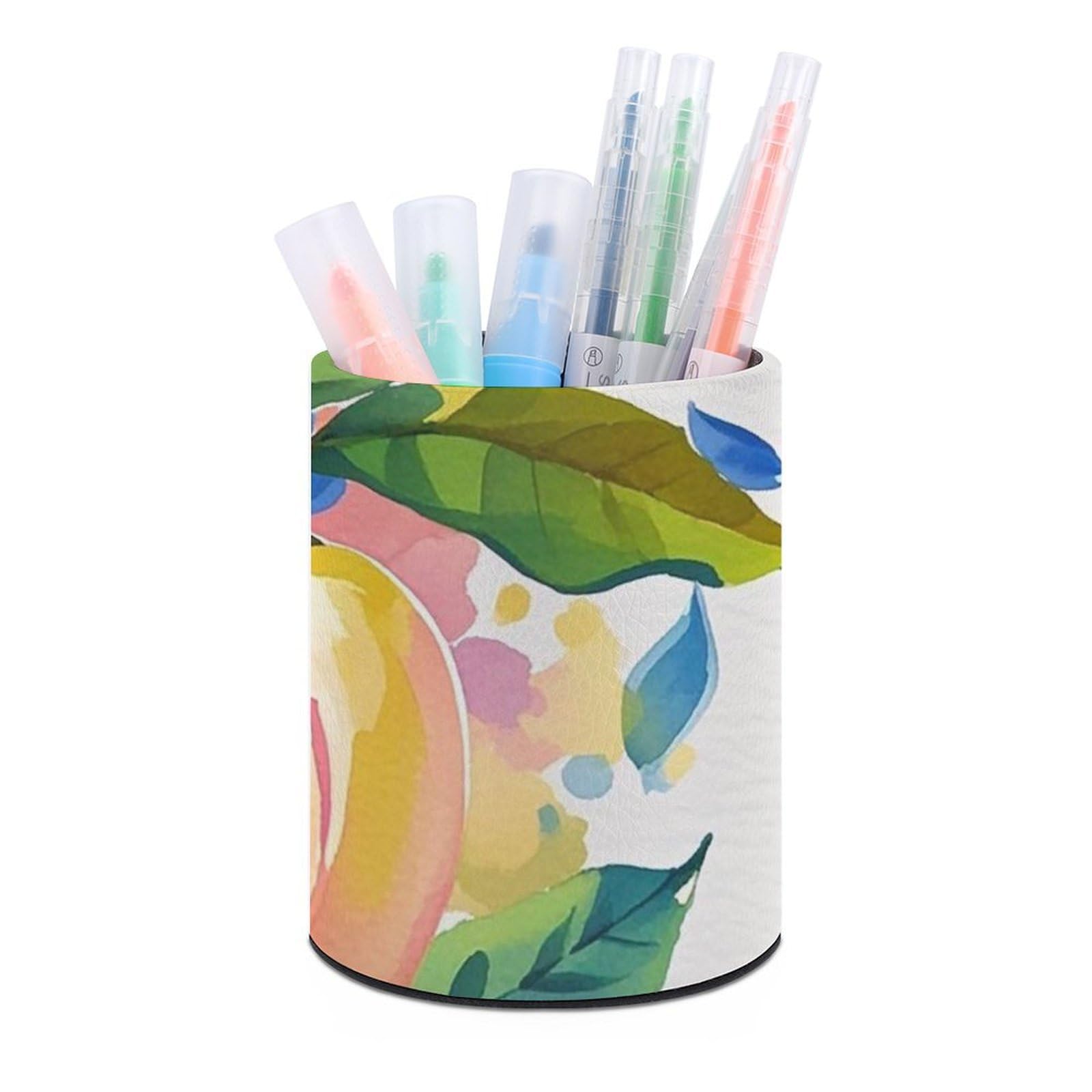 FekiLoot PU Leather Round Pen Holder Colorful Peach Watercolor Pencil Holder Desk Organizer Pen Organizer Pen Cup Pencil Cup Caddy Desktop Stationery Organizers for Office Home Supplies