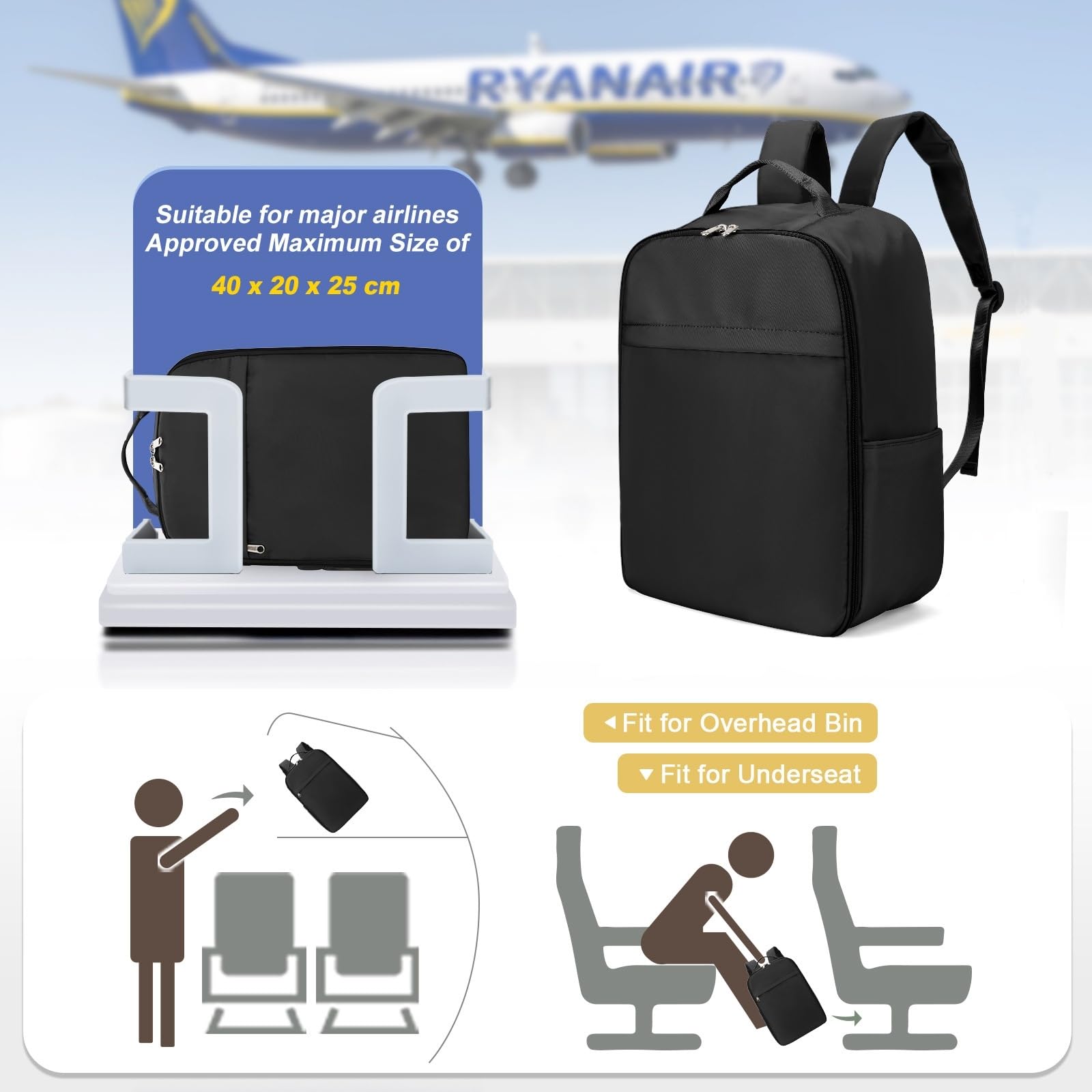 Zaino 40x20x25 in Cabina, Borsa da Viaggio per Bagagli A Mano con Scomparto Laptop, Pacchetto Giorno Compatto Viaggi Brevi E Pendoli