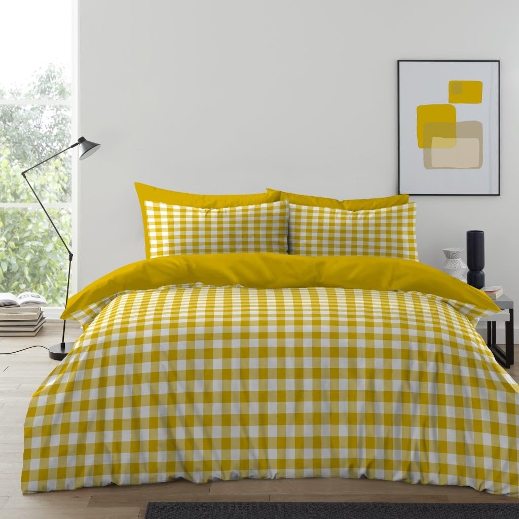 Lions Ochre Gingham Bedding - 100% Polyester - King Size Checked Duvet Cover Set With Matching Pillowcase, Soft Microfibre Reversible Printed Quilt Covers, 230X220cm