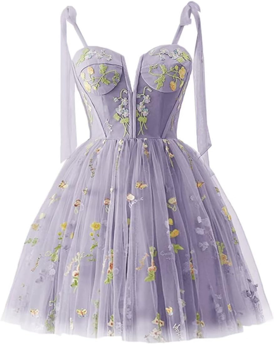 Tulle Flower Embroidery Homecoming Dresses for Teens Short Puffy A-Line Formal Evening Gown