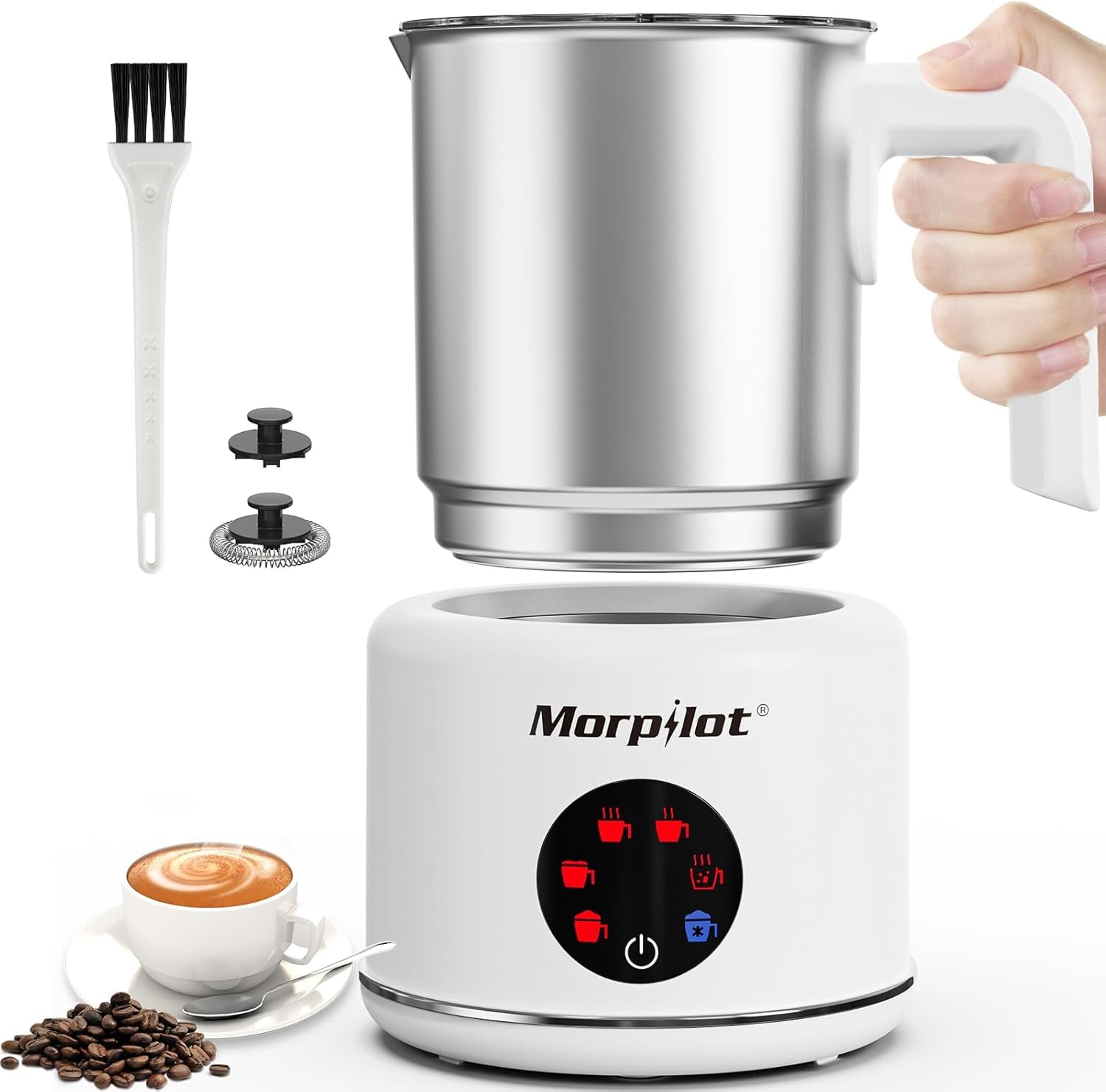 morpilot - Espumador de leche eléctrico 6 en 1, espumador automático de leche de gran capacidad, vaporizador de leche de acero inoxidable, calentador de leche y espumador para café con leche (blanco)