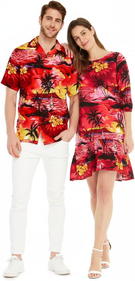 Matchable Couple Hawaiian Luau Shirt or 3/4 Sleeve Ruffle Dress in Sunset Neon