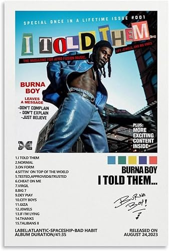 MOMYO Burna Boy - Póster con texto en inglés "I Told Them", póster para habitación, estético, lienzo para pared, decoración de dormitorio, 12 x 18