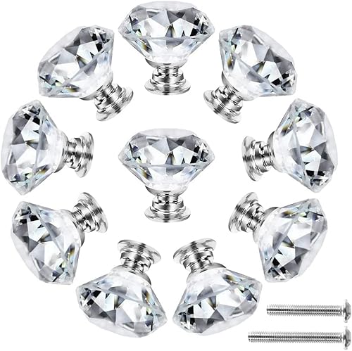 Paquete de 10 pomos de cristal para gabinetes de 1.18 pulgadas (1.181 in) de diamante para cajones de tocador y cocina, tiradores de armario de