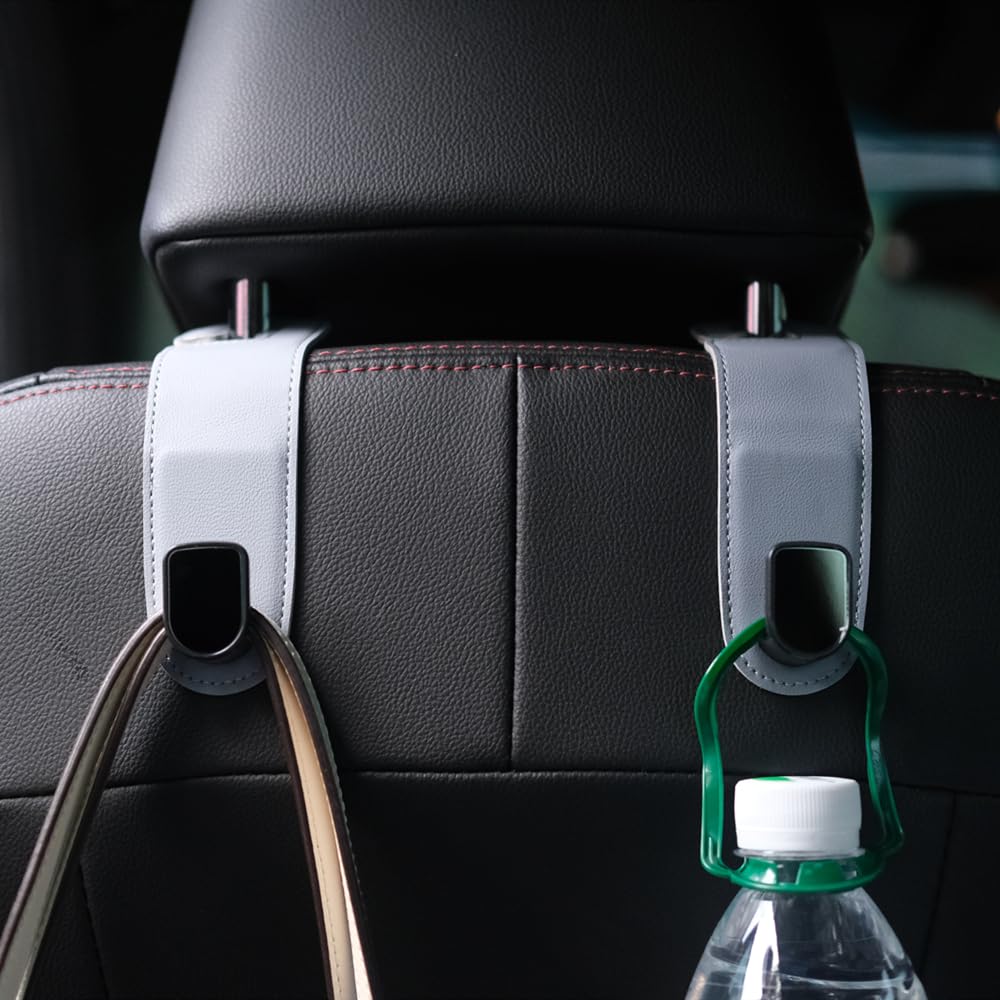 Qirc Grey Auto Hooks, 2 Pcs Leather Car Storage Organiser Bag Hooks, Universal Car Back Seat Headrest Hanger For Hang Bag Handbag Grocery Bags (Grey)