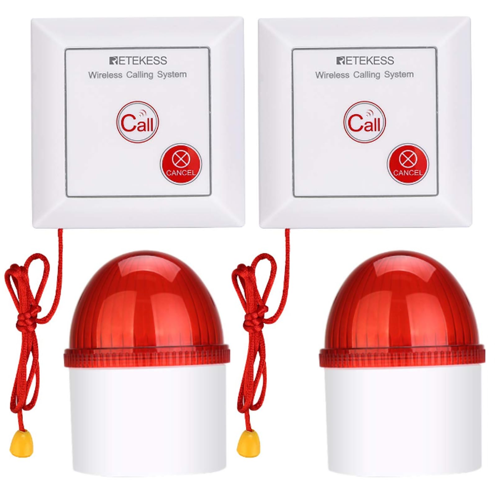 Retekess TH103 Alarmsystem, 3 LED Blitz Sicherheitsalarm, 110 dB Lärm, Anrufsystem mit Zugseil für Lager, Einkaufszentrum, Schule, Fabrik (2 Tasten + 2 Empfänger)