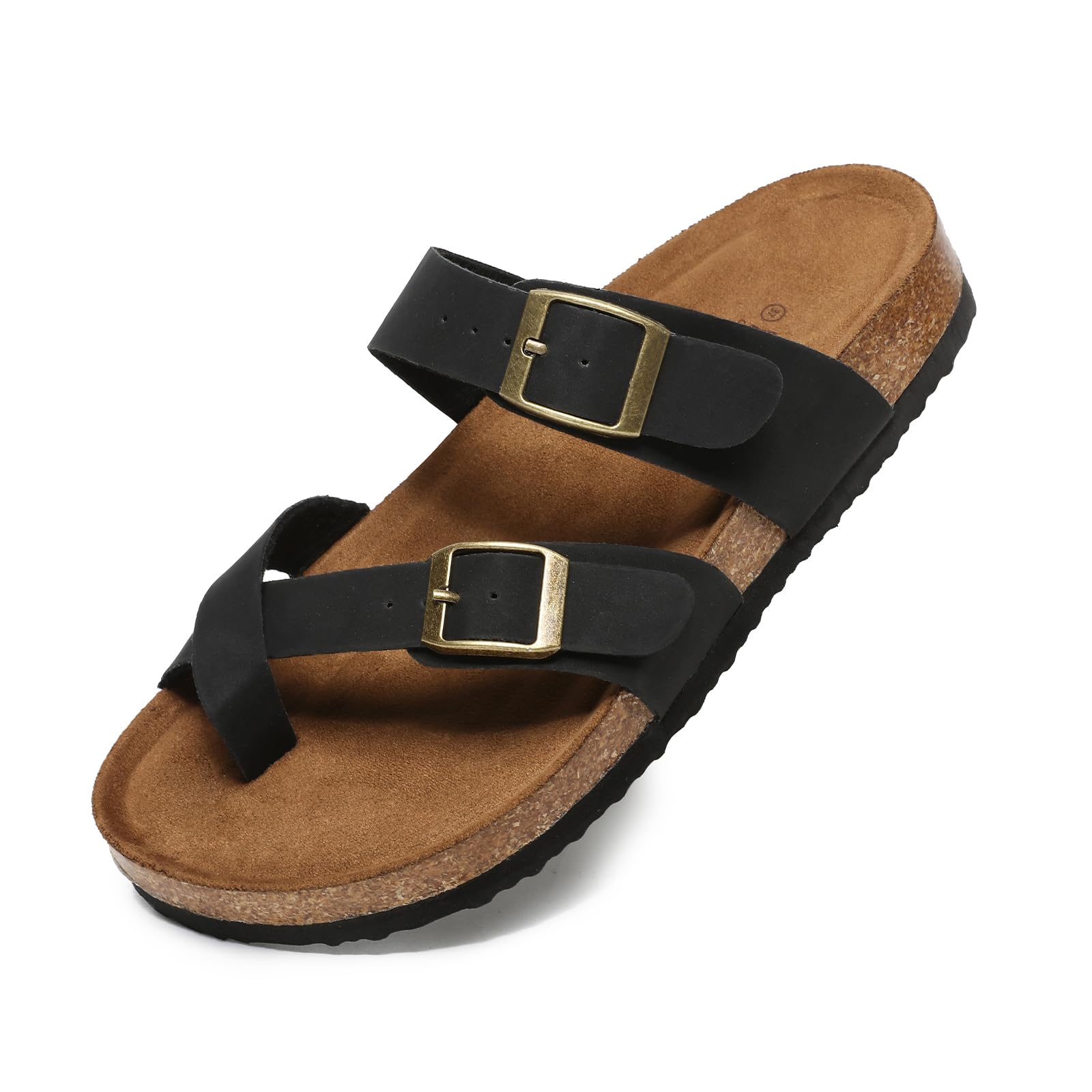 Yozuru Womens Cork Footbed Sandals Comfort Open Toe Slides Adjustable Buckle Beach Summer Flat Sandals with Arch Support