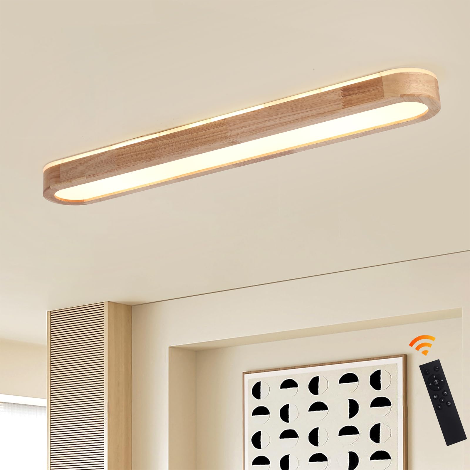 Oninio Wooden LED Ceiling Light 90cm, Dimmable Linear Flush Mount Lamp