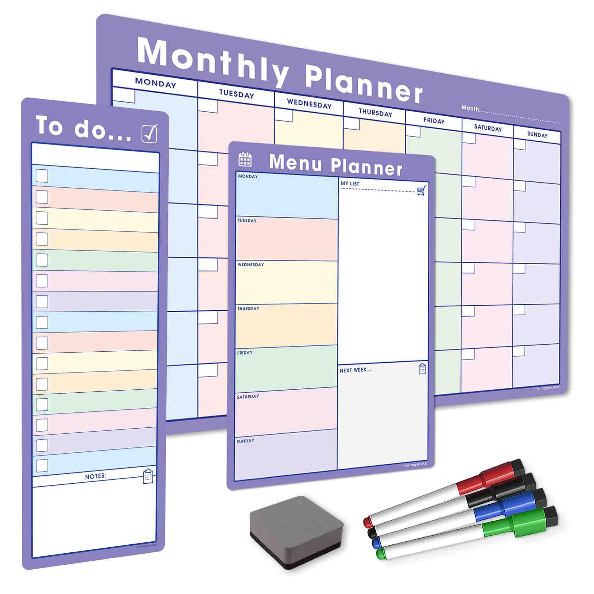 TMS Magnetic Weekly Planner Bundle | A4 Menu Planner, A3 Monthly Calendar, to Do List, Dry Wipe Markers and Eraser (5 Pack) | Magnetic Whiteboard Set