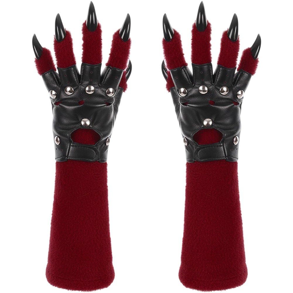 Fituenly Red Halloween Animal Claw Claws Gloves 1Pair Plush Werewolf Claw Gloves Festival Cosplay Gloves Performance Props