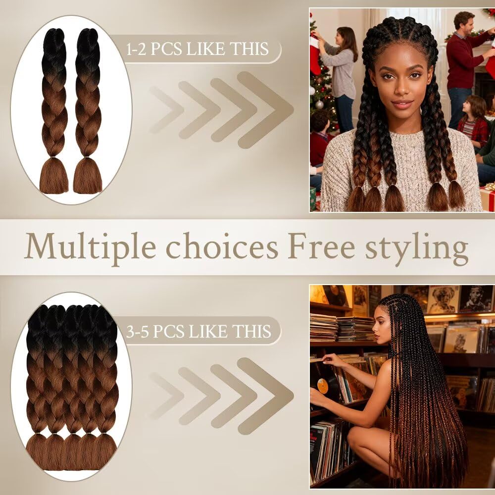 ShowJarlly Treccie Africane Extension 24", Kanekalon Treccia Capelli, Ombre Jumbo Treccia Capelli Fibra treccia di scatola, Per Crochet Twist Intrecciare I Capelli (Nero/Marrone Scuro)