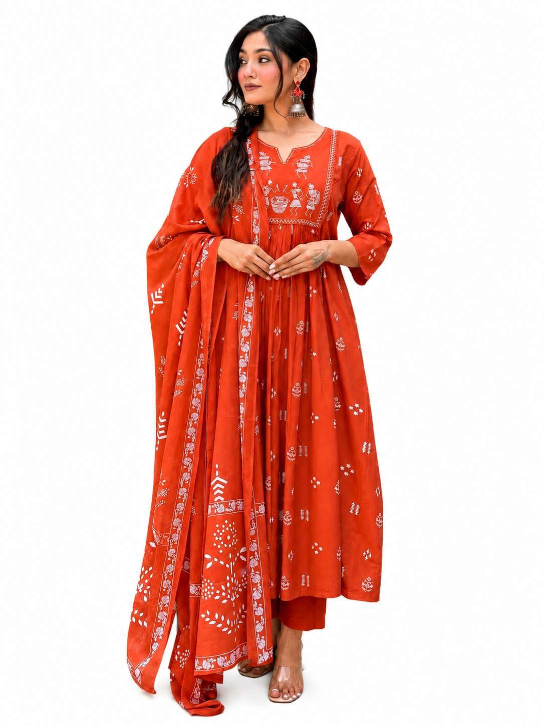 Women's Contton Floral Embroidered Round Neck Regular Kurti Pant Dupatta Set-picture-45