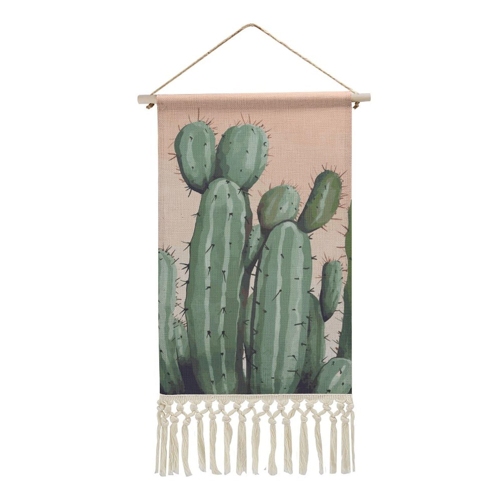 BTCOWZRV Cotton And Linen Hanging Poster with Tassels, Watercolor Green Cactus Wall Hanging Tapestry Vintage Wall Art Painting Modern Artwork Decoration for Home Decor Ready to Hang 10x19.6 in