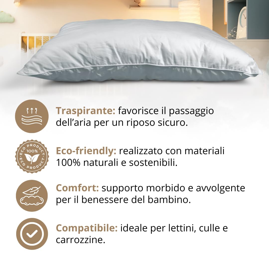 Natéa Cuscino Bambino 2 Anni con Federa 100% Cotone Traspirante e Antiacaro certificato OEKO-TEX® 100, Cuscino Lettino Bambino per Asilo e Culla, per bimbi di 2, 3 e 4 Anni (40x60x4 cm)