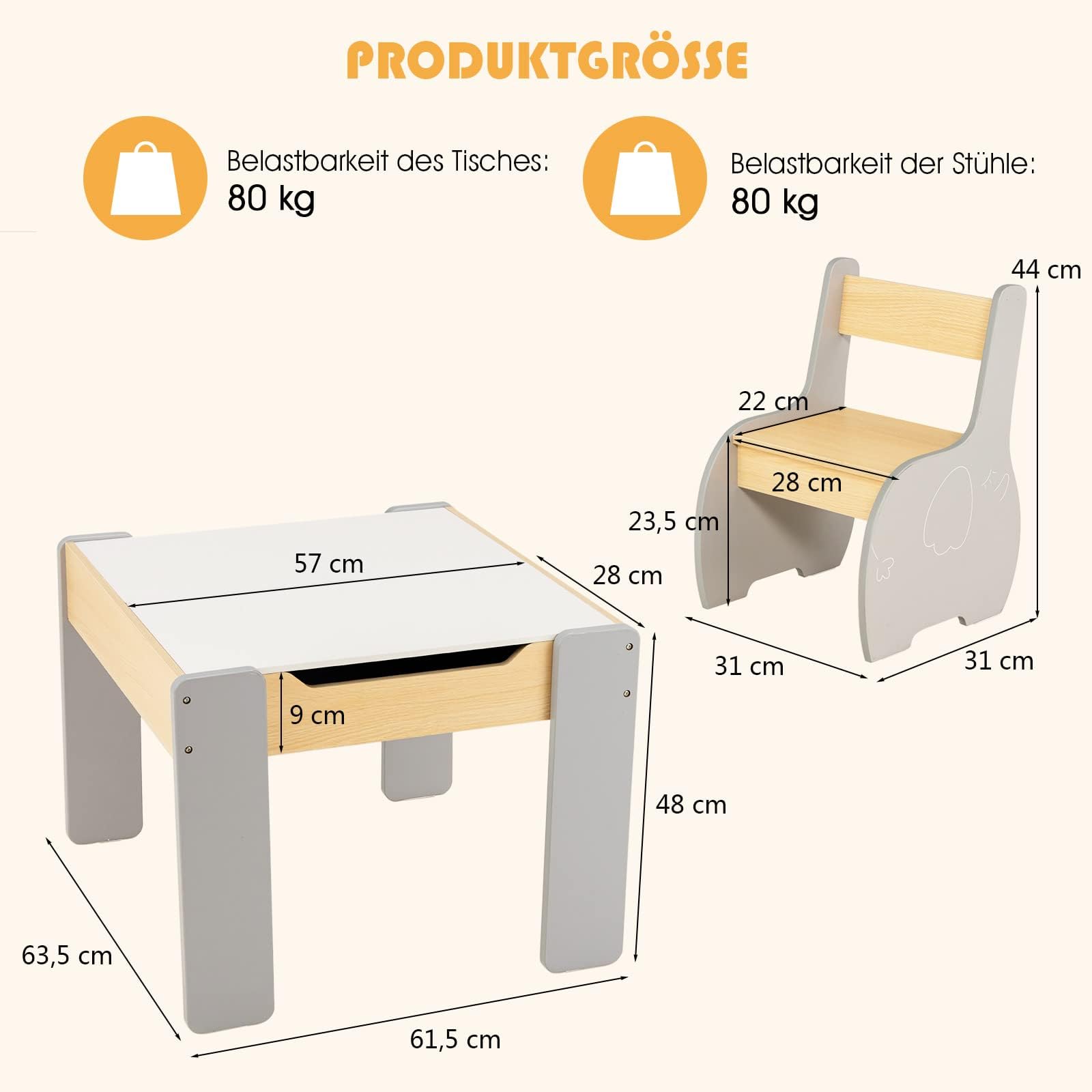 COSTWAY Kindertafel met 2 stoelen, 2-in-1 kinderzitgroep van hout met opbergruimte, kindertafelstoelset met papierrolhouder en 4 stoffen containers, schildertafel voor kinderen vanaf 3 jaar (natuur