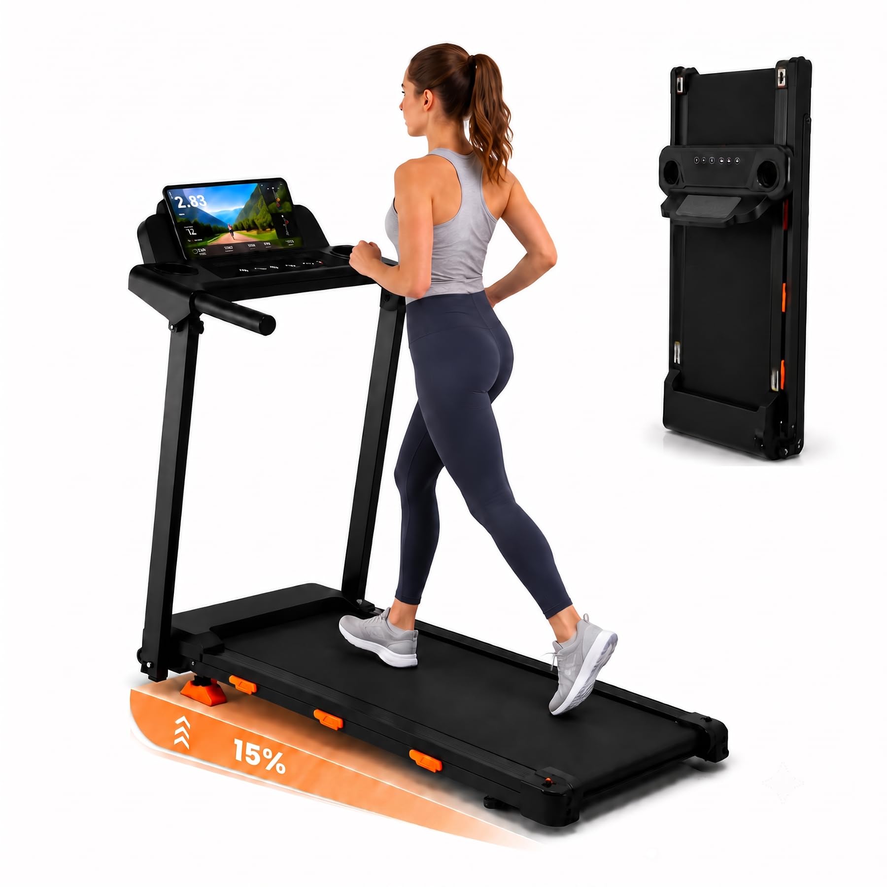 Cinta de Correr y Andar Plegable para Casa, 1-12 km/h, Motor sin Escobillas de 3.0 HP, Inclinación 3 Niveles hasta 15%, Pantalla LED, Soporte 150 kg