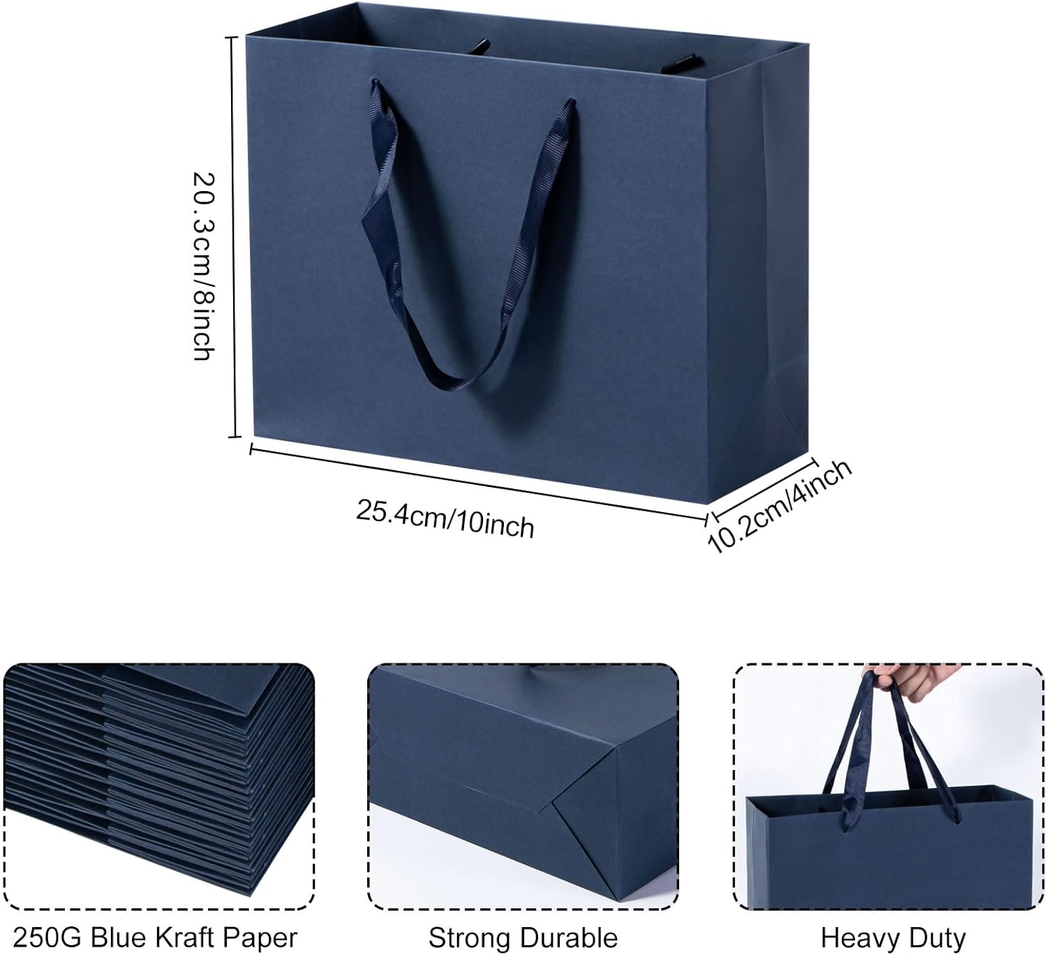 driew Large Gift Bags with Ribbon Handles, 12 Pcs Kraft Paper Bags for Shopping, Wedding, Party Favor, Merchandise, Retail, Grocery Sacks (Navy Blue, 10'x4.13"x8") - Image 3