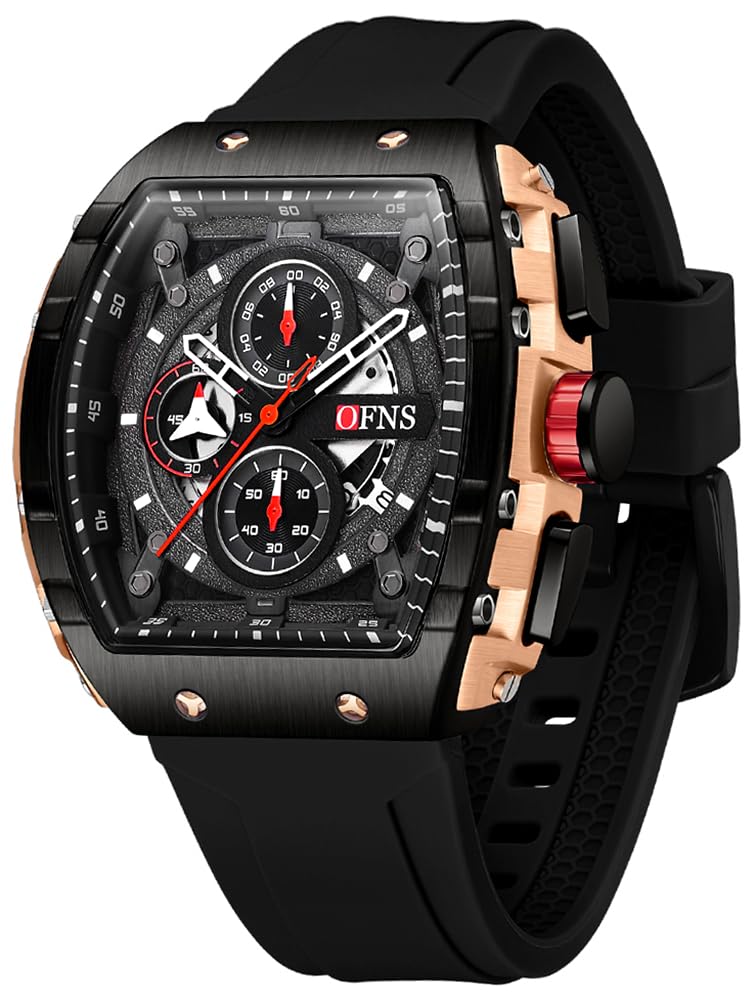 MASTOP Fashion Hollowed Men Watches Tonneau Transparent Silicone Strap Skull Big Face 50M Waterproof Chronograph Calendar Analog Display Quartz Male Wrist Watch A Black Gold