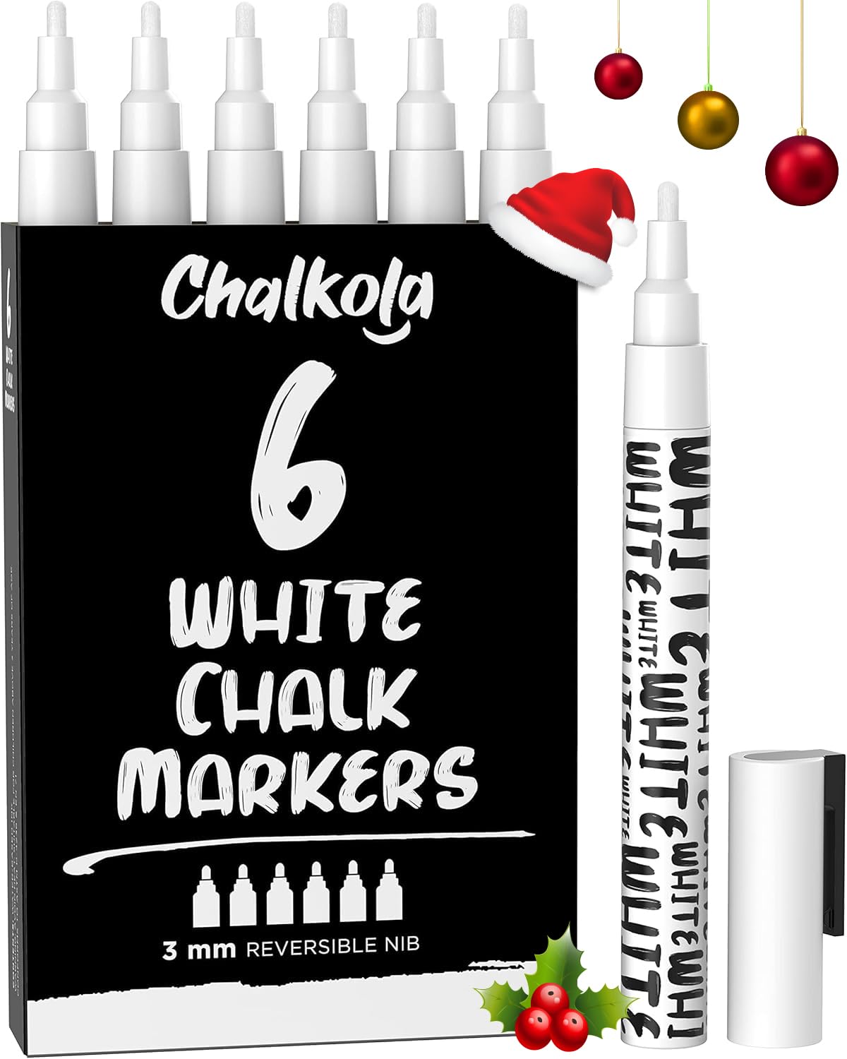 Chalkola White Chalk Markers - White Dry Erase Liquid Chalk Pens for Chalkboard, Blackboard, Window, Bistro, Car Glass, Board, Signs - 3mm Reversible Bullet & Chisel Point