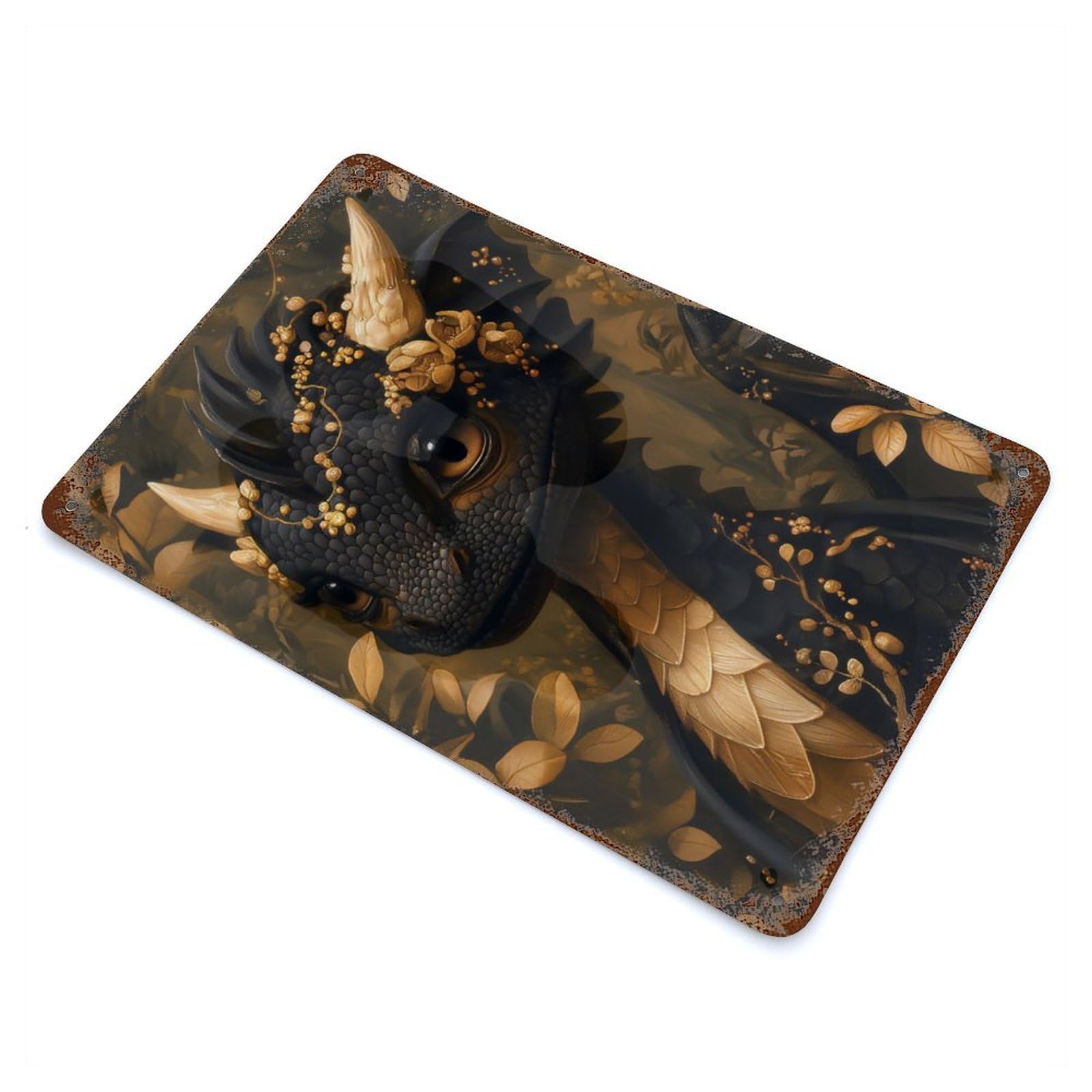 Retro Metal Sign with Cute Black Chibi Dragon Design 11.8"x7.9", for Living Room, Hallway And Home Decor, Farmhouse Wall Decor