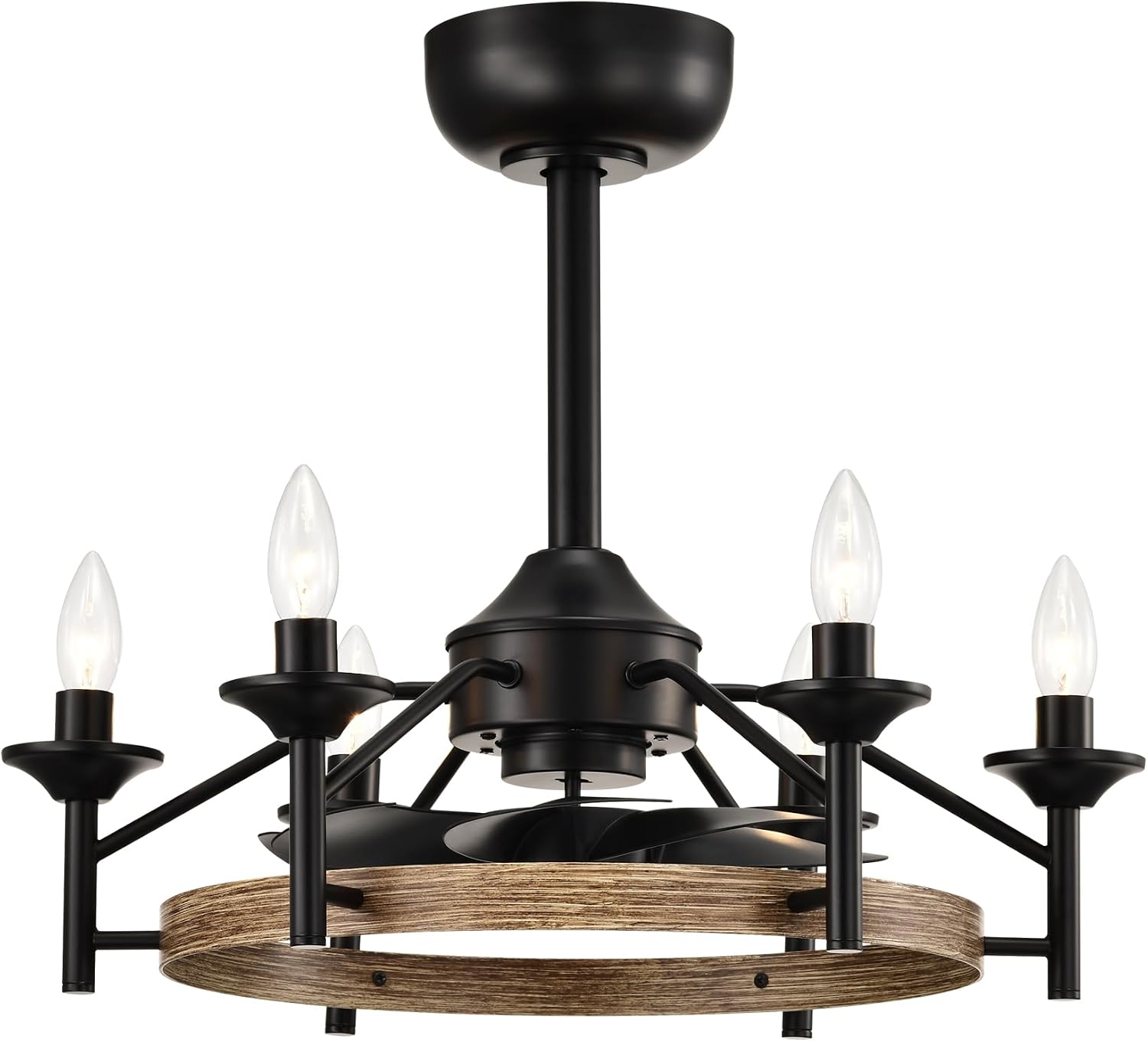 Maxax 21” Ceiling Fan with Lights and Remote, Modern Farmhouse Fan Light for Living Room,Caged Ceiling Fan with Light, Black Wood Grain Rustic Chandelier Candles, Reversible (Bulbs Not Included)