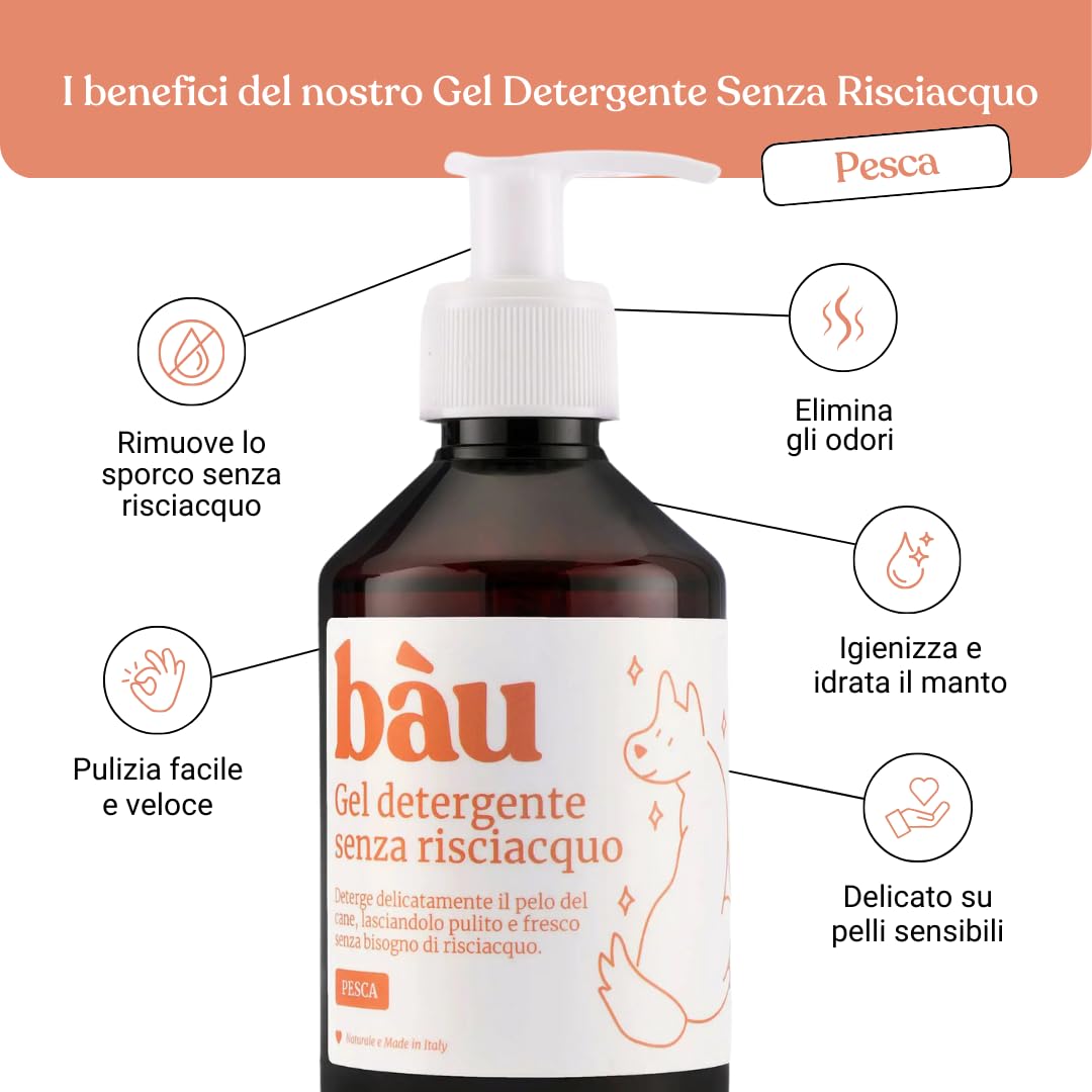 Bau Cosmesi Gel Detergente Senza Risciacquo, Shampoo Secco per Cani, Igienizzante e Idratante - Senza Parabeni e Siliconi, Naturale e Bio con Aloe Vera - Pesca, 250 ml