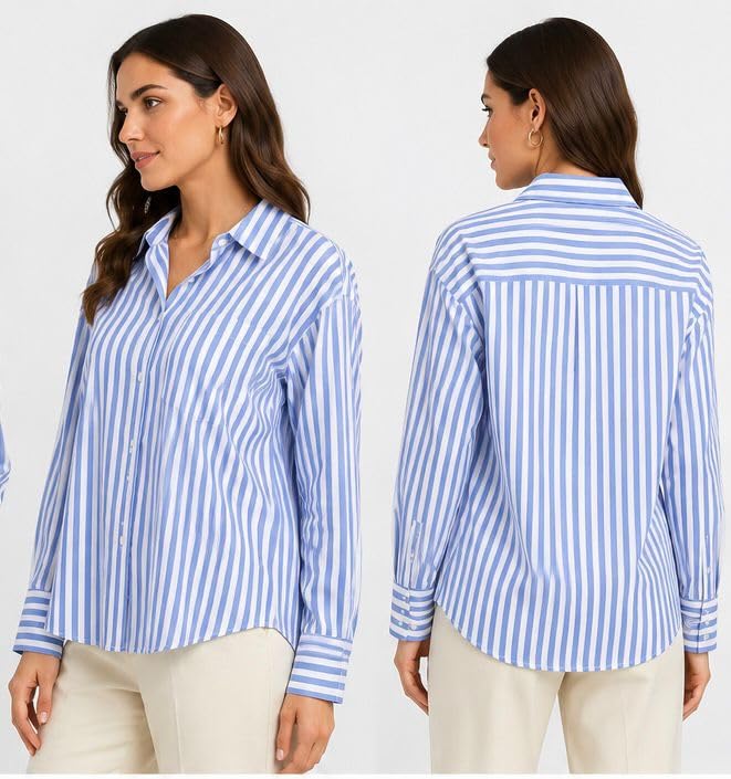 Image of Women's Blue & White Striped Oversized Premium Cotton Shirt | Full Sleeves Collared Casual Office Wear Shirt for Women