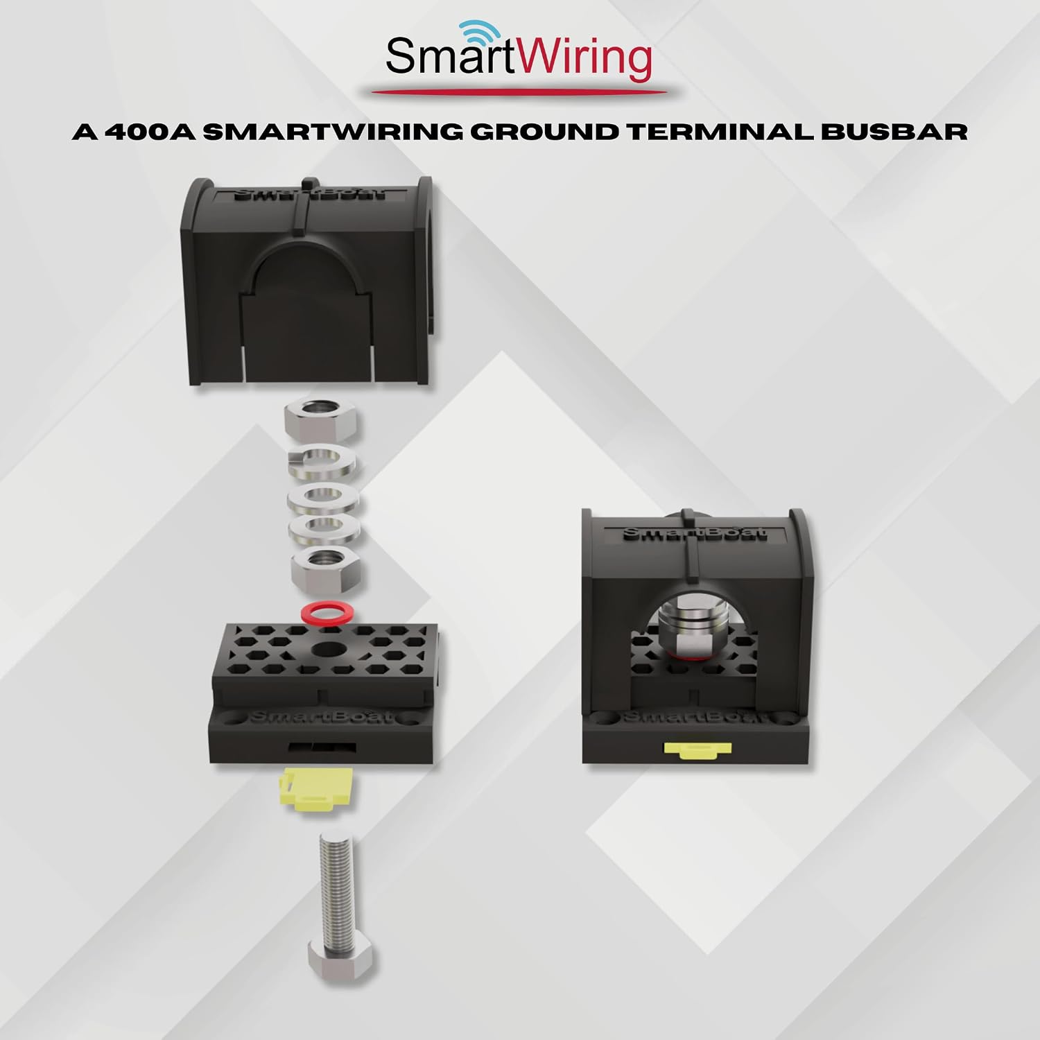 SmartWiring 400A Busbar – 12V–48V DC Power Distribution Block with Cover – M8 Stud, Surface or DIN Rail Mount – for Marine, RV, Car, Truck & Solar System