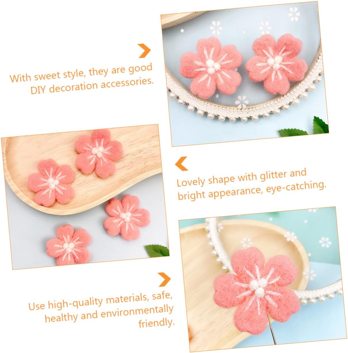 KALLORY 10pcs Handmade Wool Felt Cherry Blossom Flower Appliques for Jewelry Hair Accessories and Garment Decoration for Craft Projects and Photography Props