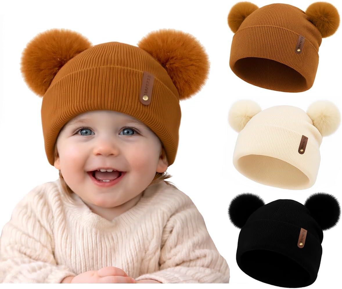 Toddler Winter Beanie Hats 3 Pack – Double Pom Pom Soft Knitted Hats for Baby Boys Girls 6–36 Months