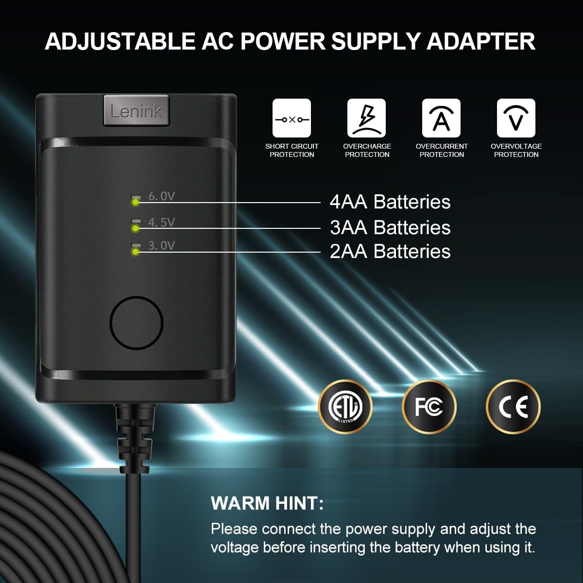 Lenink Adjustable AC Power Supply Adapter for 2 AA 3 AA 4 AA Batteries, 3V, 4.5V, 6V, AA Battery Replacement Adapter for LED Lights, Decorations (Black)