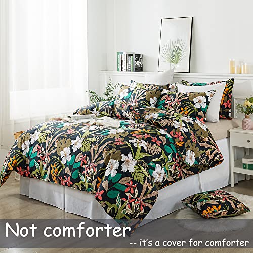 Fadfay Floral Bedding Set 100% Cotton Dark Flower Duvet Covers Queen Size Soft Black & Red Botanical Palm Tree Leaf Comforter Cover Tropical Hawaii Home Girls Bed Sets Zipper Corner Ties 3 Pieces #TOP1
