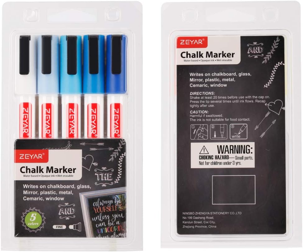 Liquid Chalk Marker-Wet Erase Marker, 3mm Fine Tip for Detailed Drawing, Pack of 5,Great Color Options, Writes on Nonporous Chalkboards, Bistro Boards, Windows and Plastic (Ocean colors)