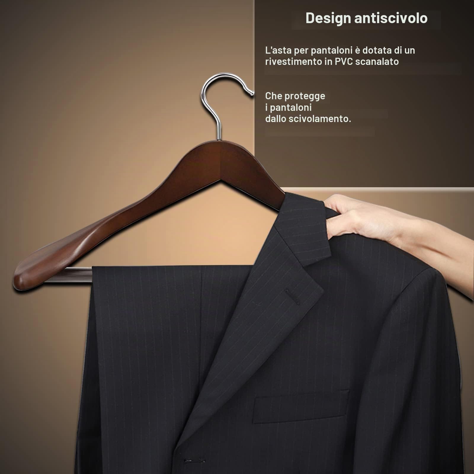 Set di 10 grucce appendiabiti in legno massiccio, con spalle extra larghe, antiscivolo, per camicie, cappotti, giacche, pantaloni, tute, gancio girevole a 360° (colore noce scuro)