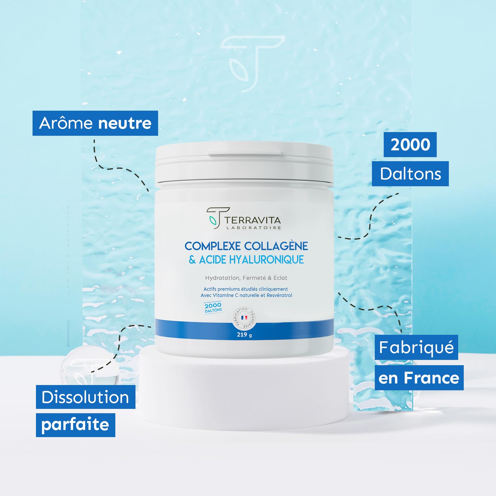 Collagène Marin Peptan + Acide Hyaluronique 200mg + Vit C | Hydratation, Fermeté et Éclat de la Peau | Diminution des Rides Démontrée | 219g de Poudre Goût Neutre | Filière Française | Terravita