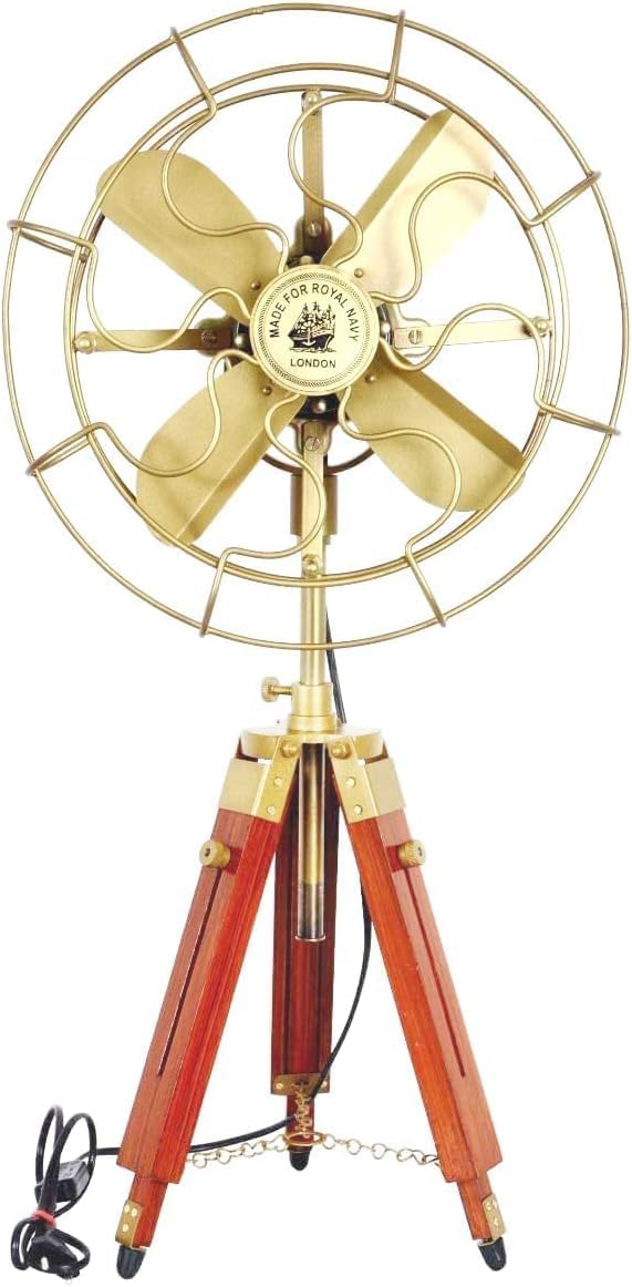 LINE WOOD - Antique Brass Electric Floor Fan With Wooden Tripod Stand | Handmade Vintage Style Modern Twist Pedestal Fan For Home Decor Office Gift