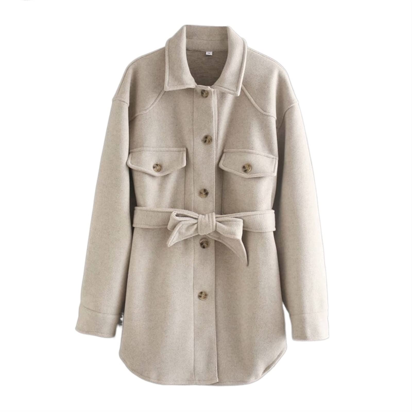 TRIONN Plus Size Blazer, Women Khaki Long Jackets With Belt Female Double Pockets Thick Cotas Oversize Girls Outwear (Color : Khaki, Size : M)