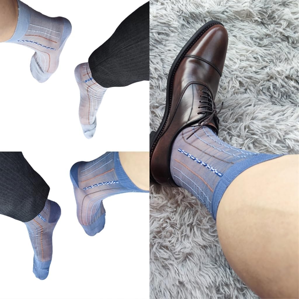 Men's Super Thin Business Dress Socks with Antislip Elastic Cuffs Soft Nylon Sheer Pattern Stockings