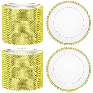 100 Pcs Clear Round Charger Plates 13 Inch Plastic Dinner Charger Plates Decorative Charger Service Plates with Beaded Rim for Wedding Birthday Party Events Dinner Table Decoration (Gold)