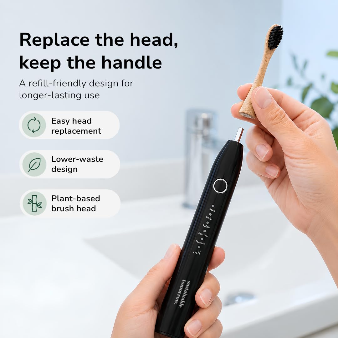 Sustainable Tomorrow Zen Bamboo Spazzolino da denti elettrico per adulti, modello wireless onice, ricaricabile con setole morbide a base vegetale, teste in bambù, 5 modalità e batteria a lunga durata