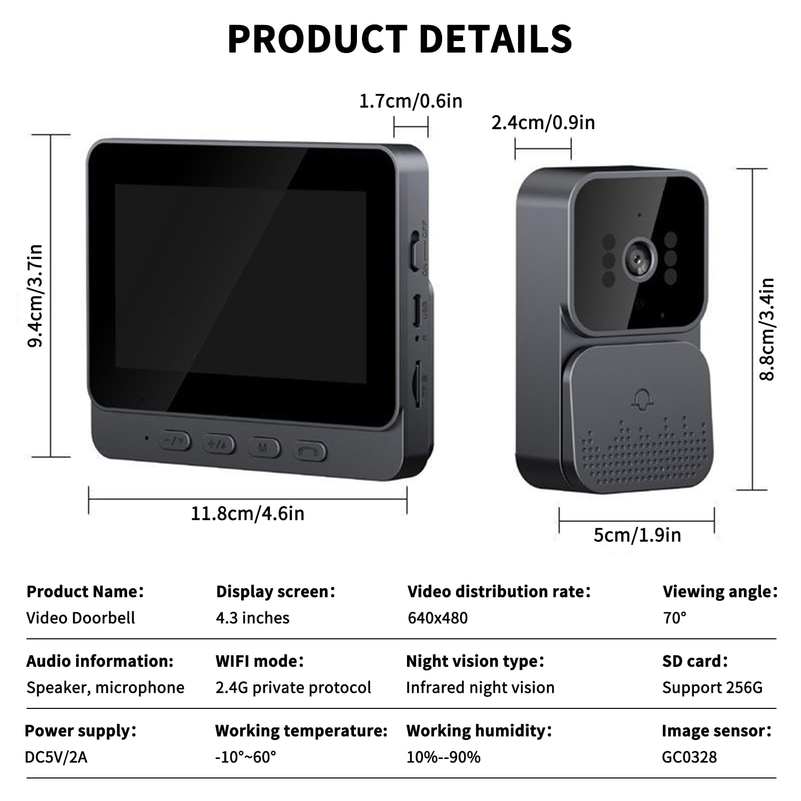 Sonnette sans Fil avec Caméra HD Visionavec écran lPS De 4.3 Pas de WiFi Requis, Visiophone sans Fil Interphone Video sans FilNocturne Infrarouge Sonnette (Noir)