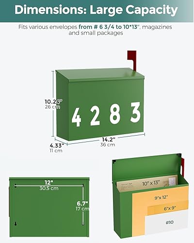 Miniatura 77 de LAND·VOI Buzón de pared con un kit de bandera y tres juegos de calcomanías de números de buzón de 0 a 9, buzones para exterior, buzón de metal Negro