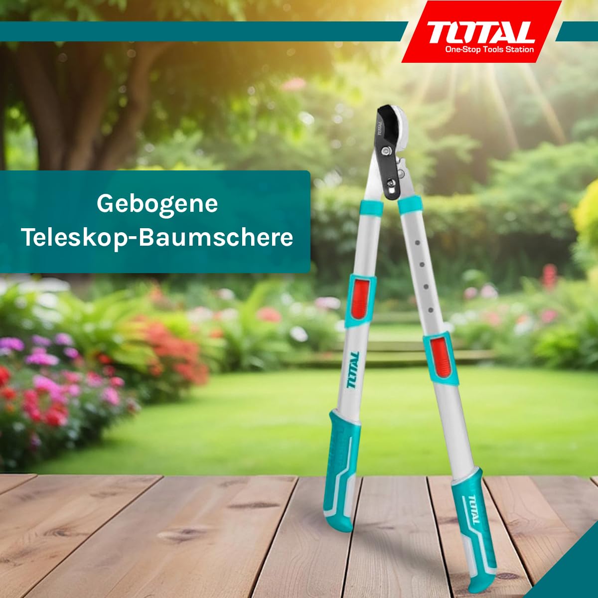 TOTAL - Teleskop-Gartenschere, gebogen, 40 x 32,5 x 12 cm, blau, Länge 670-880 mm, Gartenschere mit gebogenem Kopf für mehr Schnittkapazität