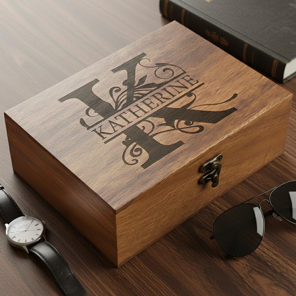 Custom Engraved Walnut Wooden Box 8 * 6 * 3 in, Personalized Large Keepsake Wood Boxes for Photos Letters Jewelry, Memory Box for Wedding Birthday Anniversaries, Decorative Chest Rustic Crate